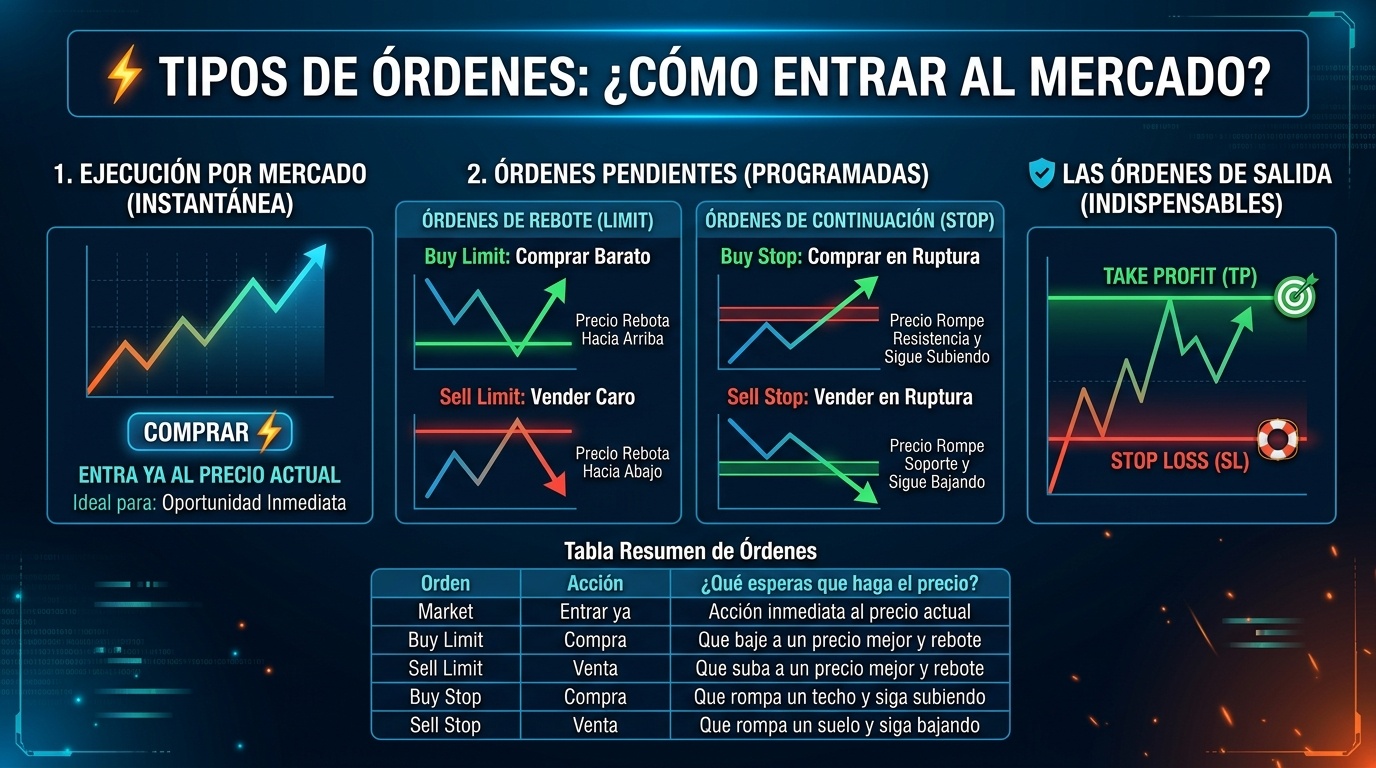 Tipos de órdenes en trading - Market, limit, stop loss, take profit
